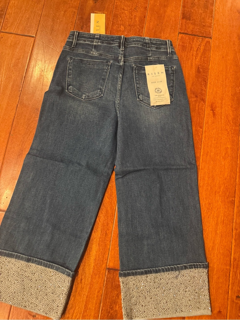 High-Rise Dark Blue Wide-Leg Jeans with Cuffed Sequin Hem - Picture 2 of 3
